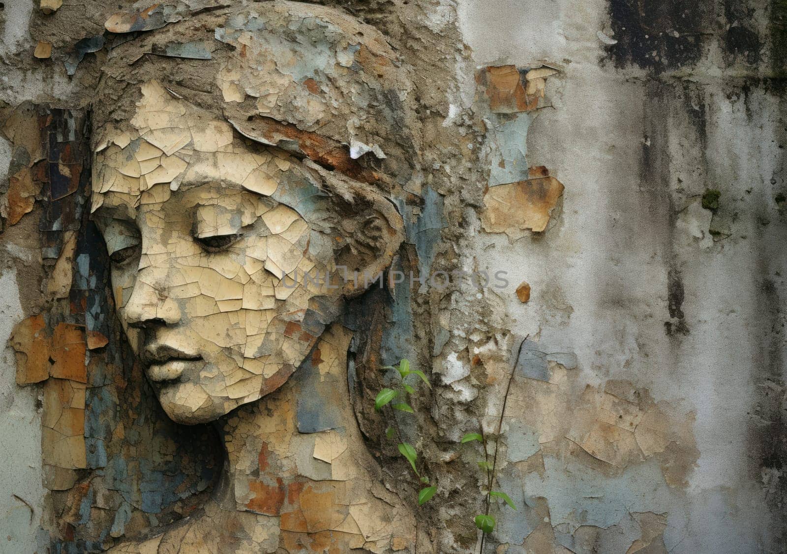 A serene angel's face is etched on a weathered wall, surrounded by crumbling paint and exposed brick