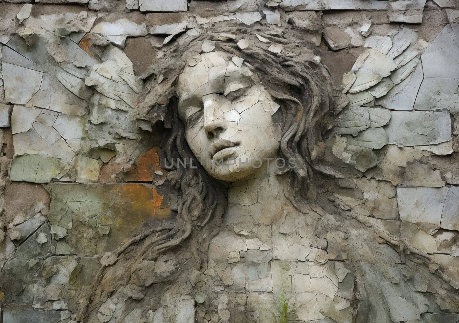 A serene angel's face is etched on a weathered wall, surrounded by crumbling paint and exposed brick