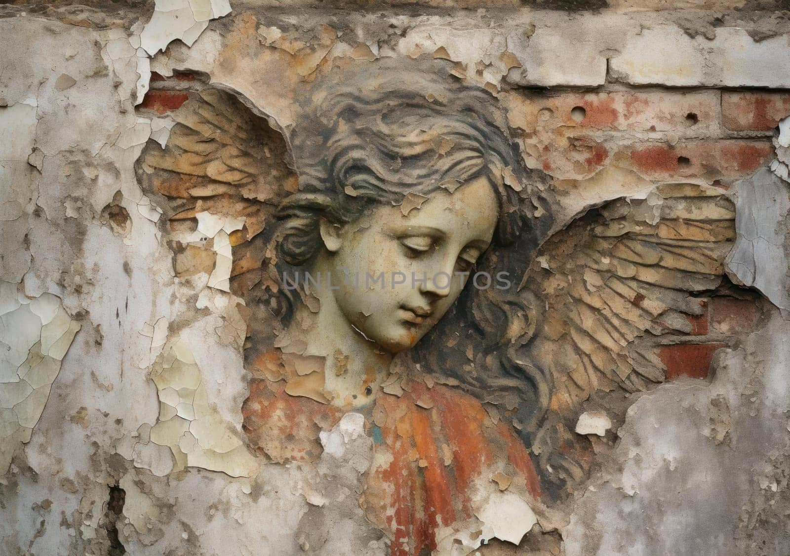 A serene angel's face is etched on a weathered wall, surrounded by crumbling paint and exposed brick
