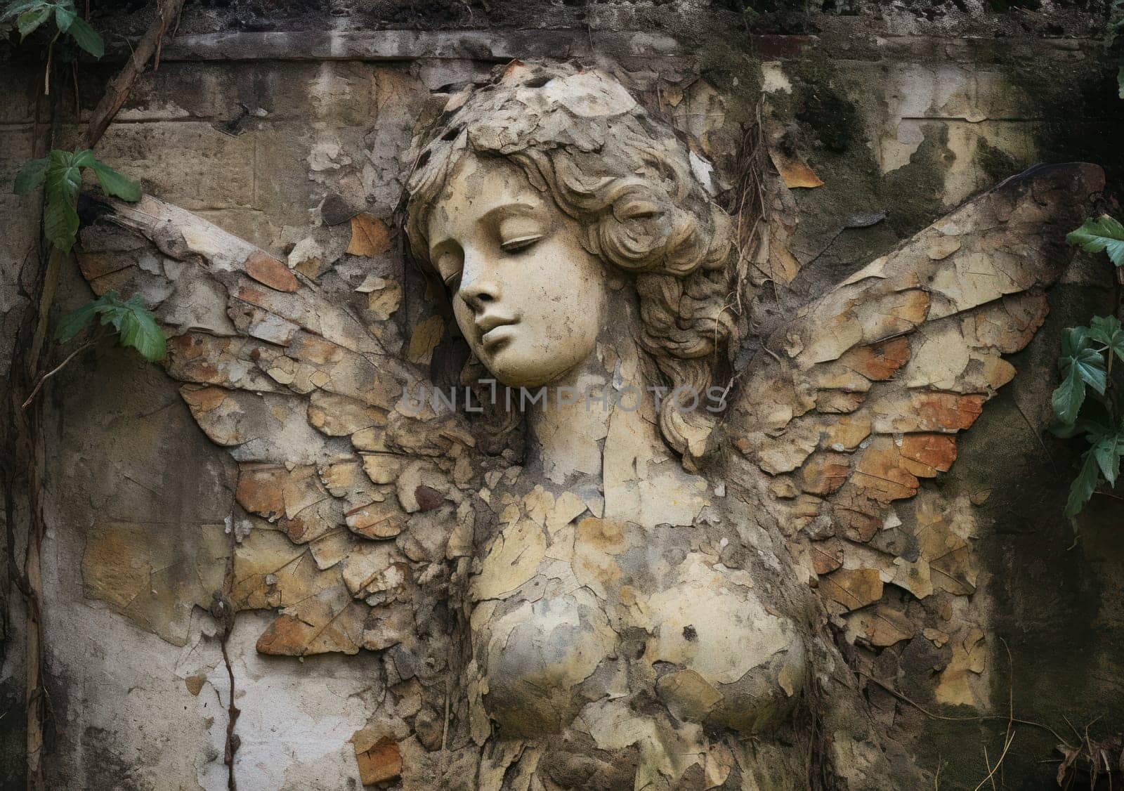 A serene angel's face is etched on a weathered wall, surrounded by crumbling paint and exposed brick