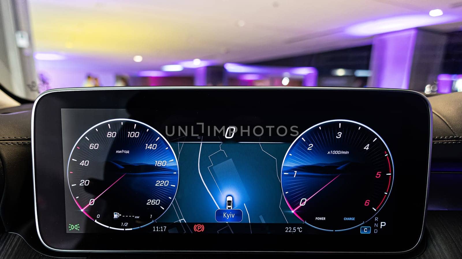 Digital dashboard showing the speedometer and tachometer. Luxury automotive technology, high-performance vehicle interfaces, and modern car interiors.