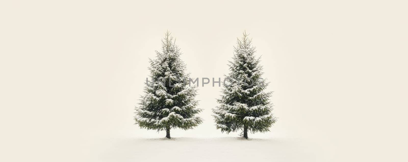 Two snow-covered pine trees on white background.