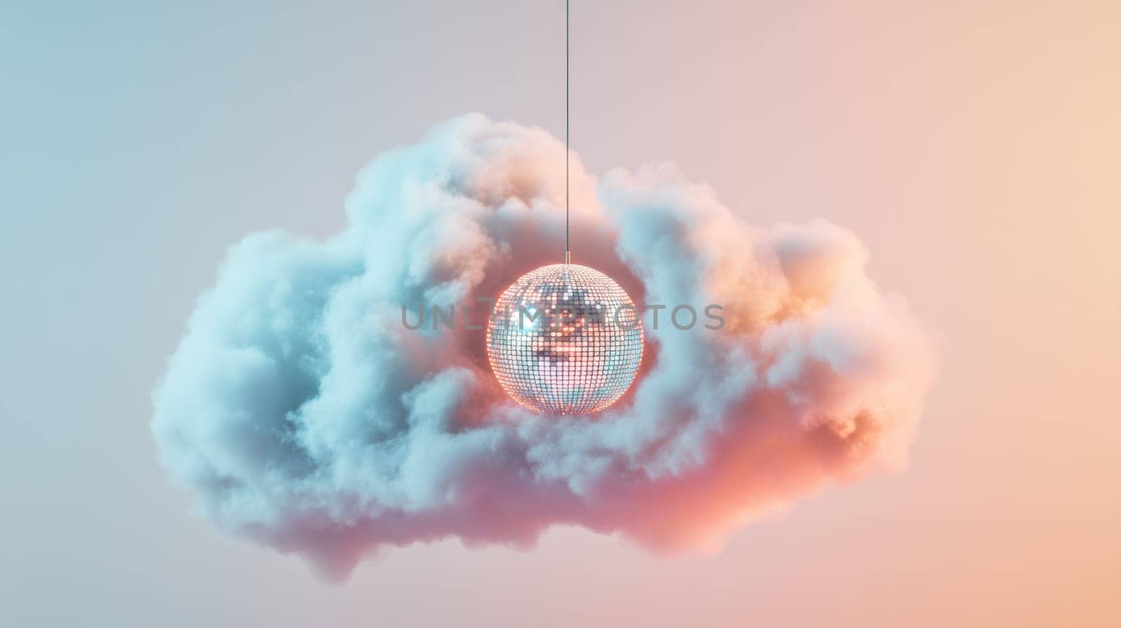 Cloud with hanging disco ball, surreal art concept.