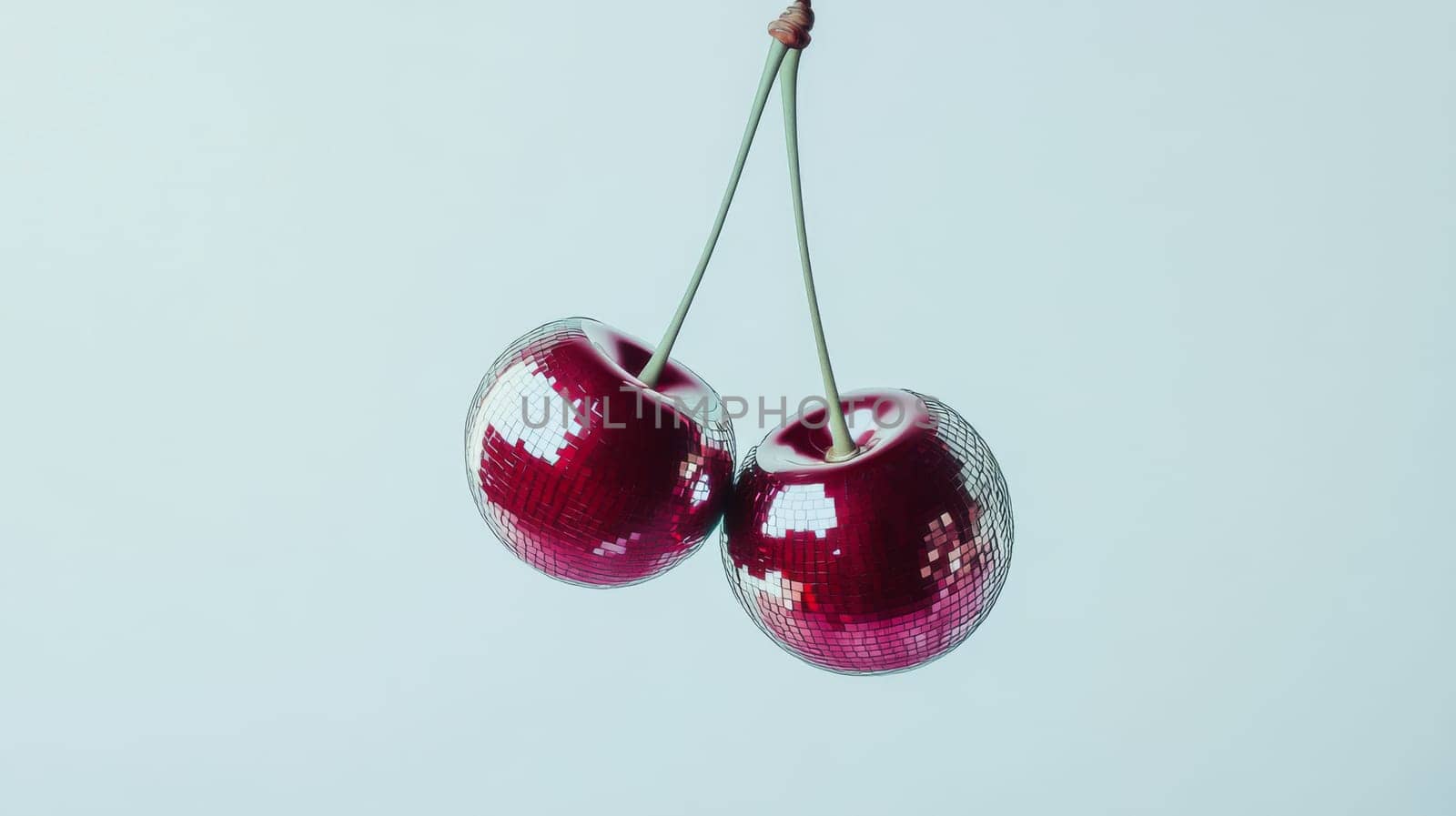 Cherries as disco balls on pastel background.