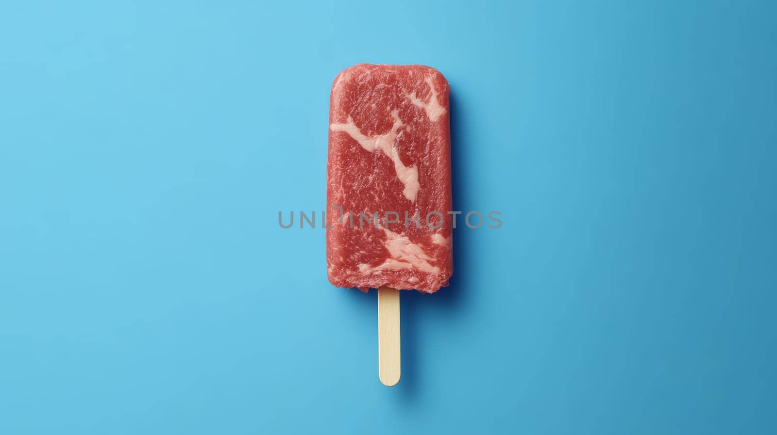 Frozen meat ice pop on blue background, creative concept. Surreal food art and humor concept.
