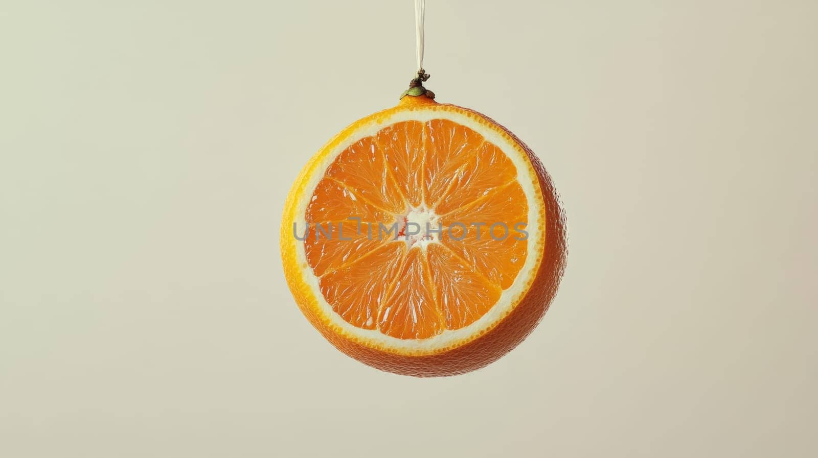 Orange slice suspended against light background, minimalistic style. Fresh fruit and healthy eating concept.