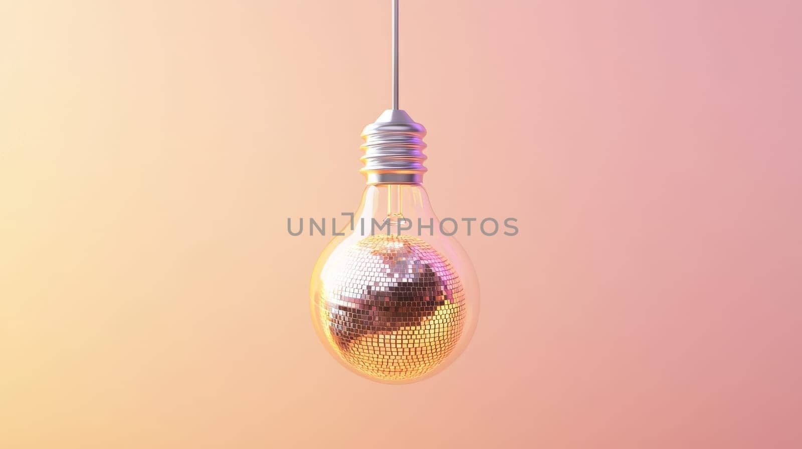 Light bulb with disco ball inside on pastel background.