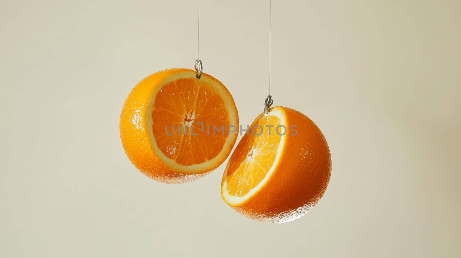 oranges sliced in half hanging against a soft background. creative food concept.