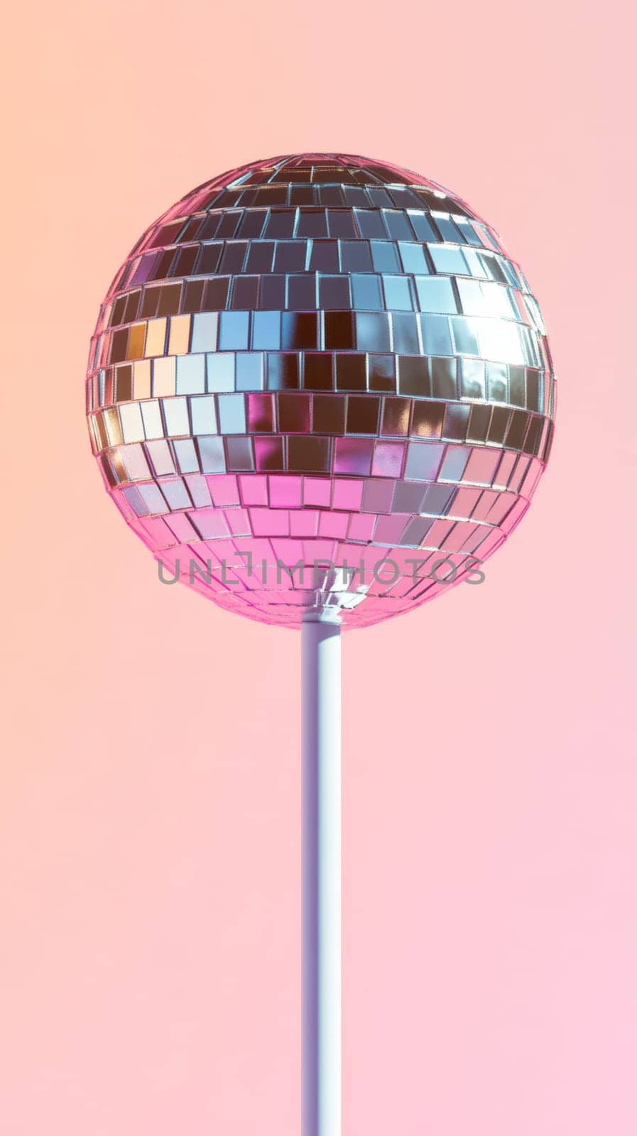 Disco ball lollipop against pink gradient background, vibrant party concept.