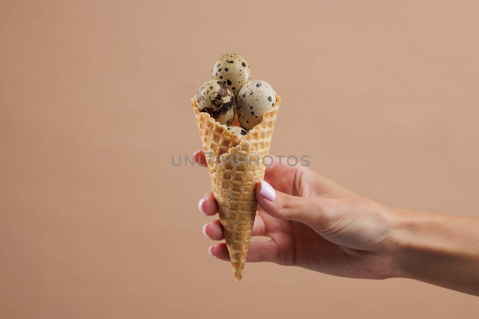 Hand holding waffle cone filled with quail eggs.on beige background. quail farm concept