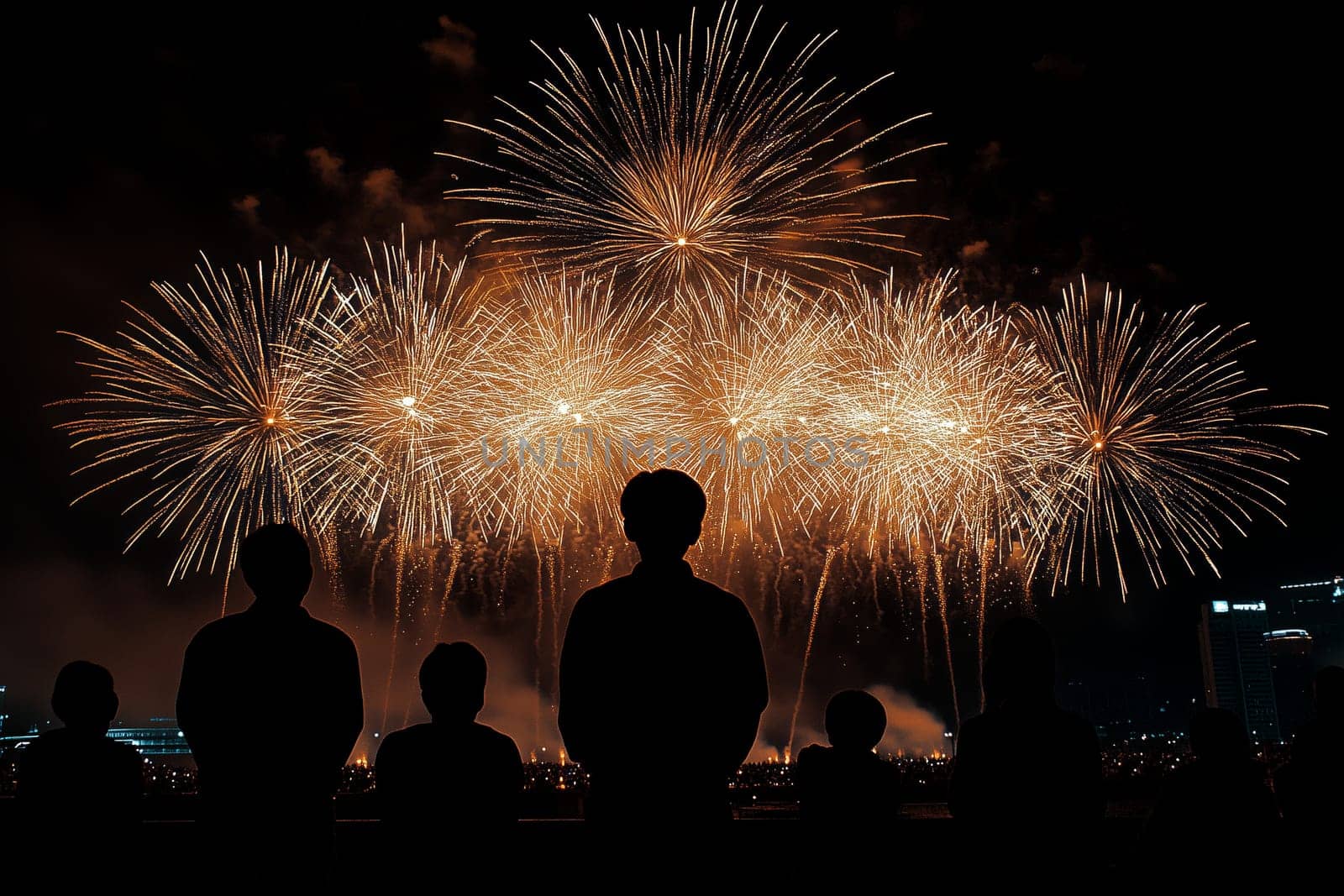 Explosive bursts of color fill the night sky, captivating a group of onlookers silhouetted against the dazzling display, embodying the spirit of celebration and wonder.