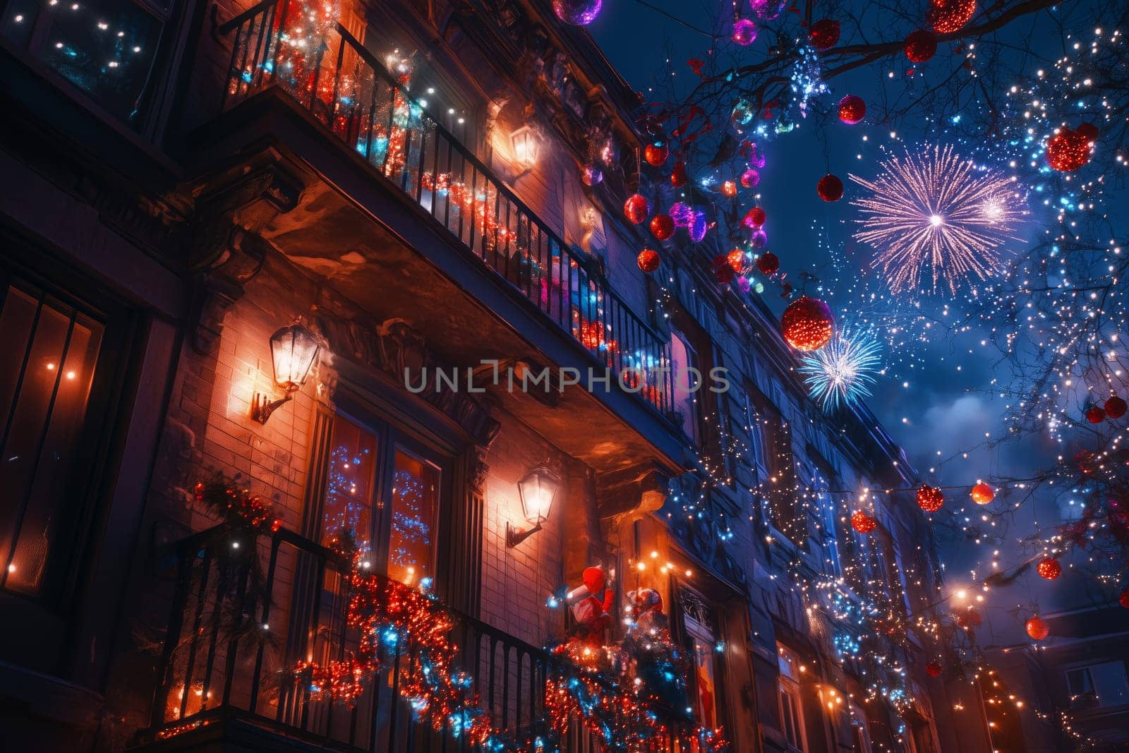 Families gather together, marveling at vibrant lights and colorful fireworks above a beautifully decorated urban street, filled with joy and wonder.