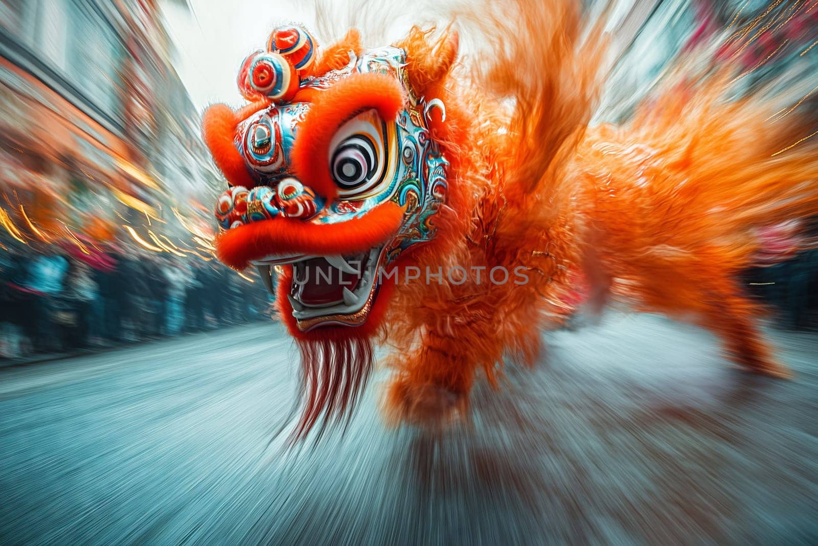 A striking lion dance captivates onlookers with colorful costumes and energetic movement, celebrating culture and tradition in a bustling urban locale.