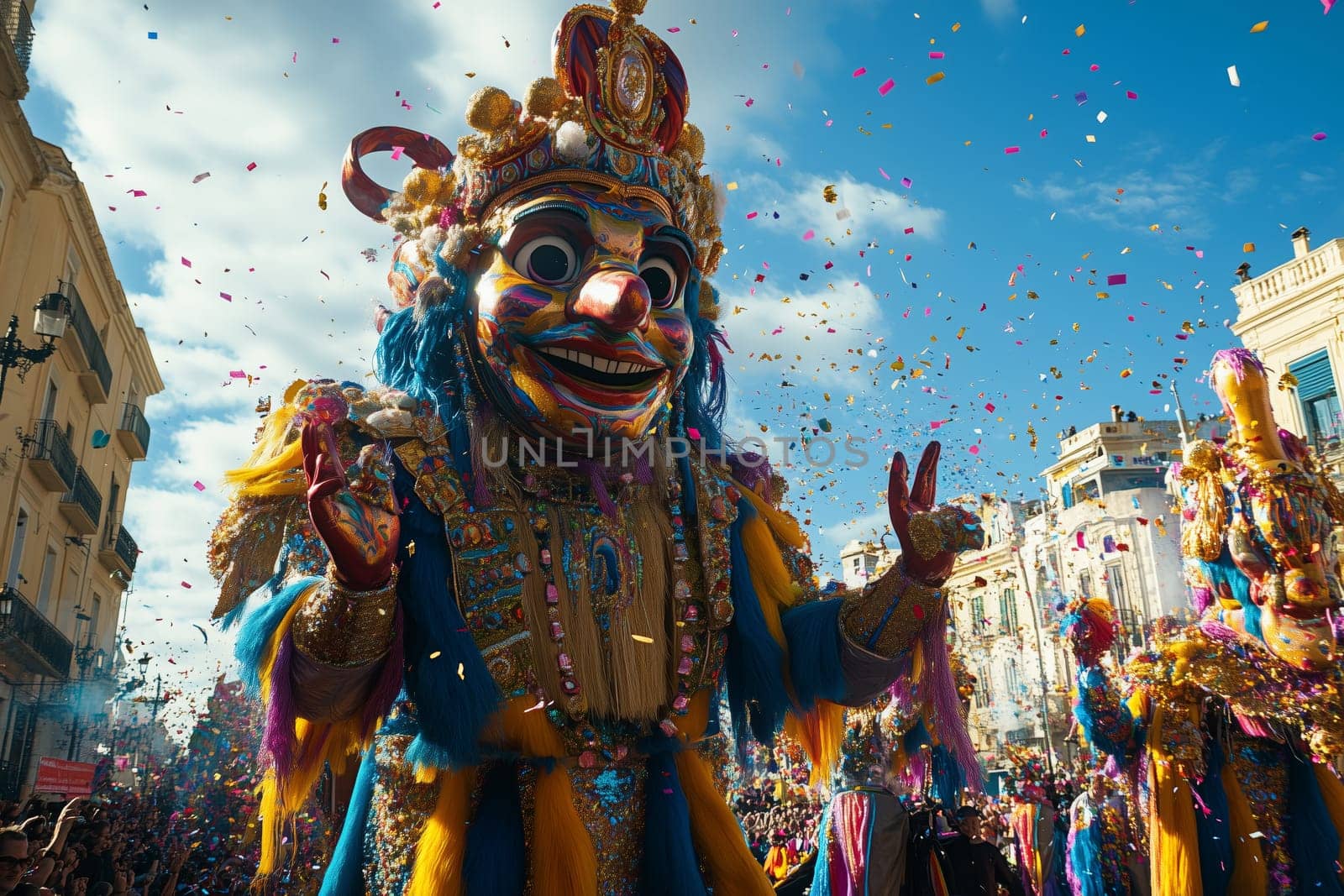 Giant puppets dance through the streets, bringing color and excitement to a bustling parade filled with confetti and festive crowds. The atmosphere is electric with laughter and joy.