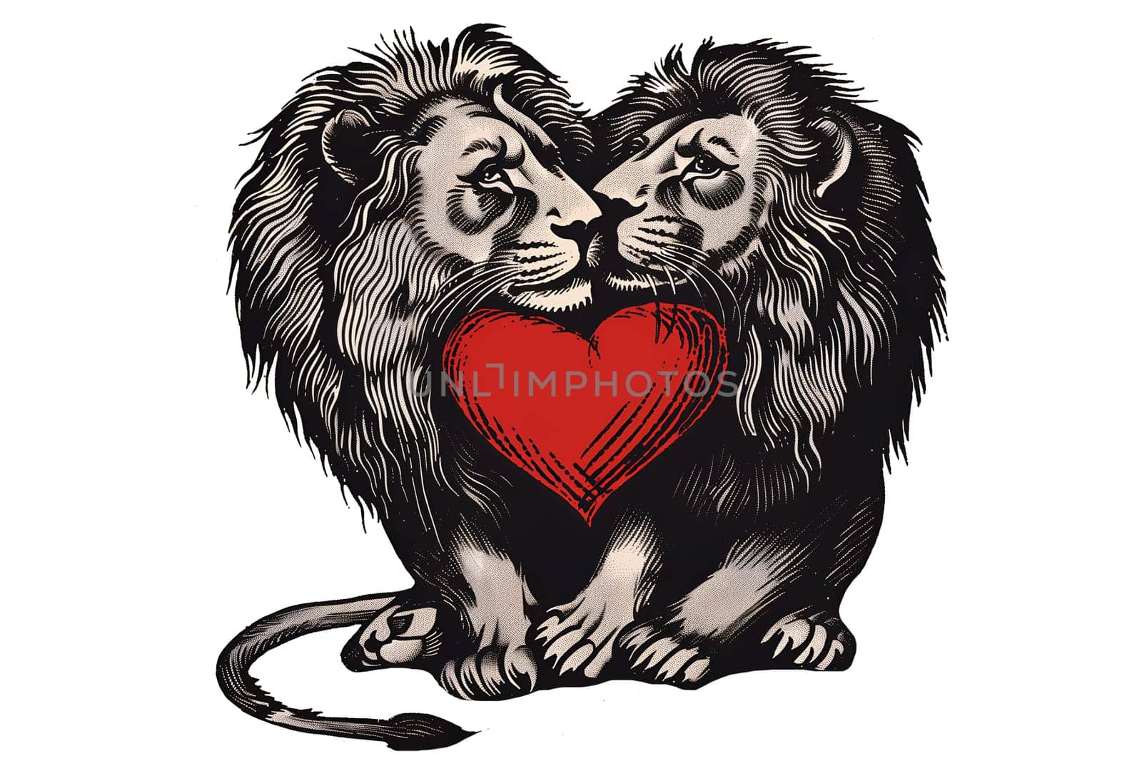 Two lions are sitting on a heart