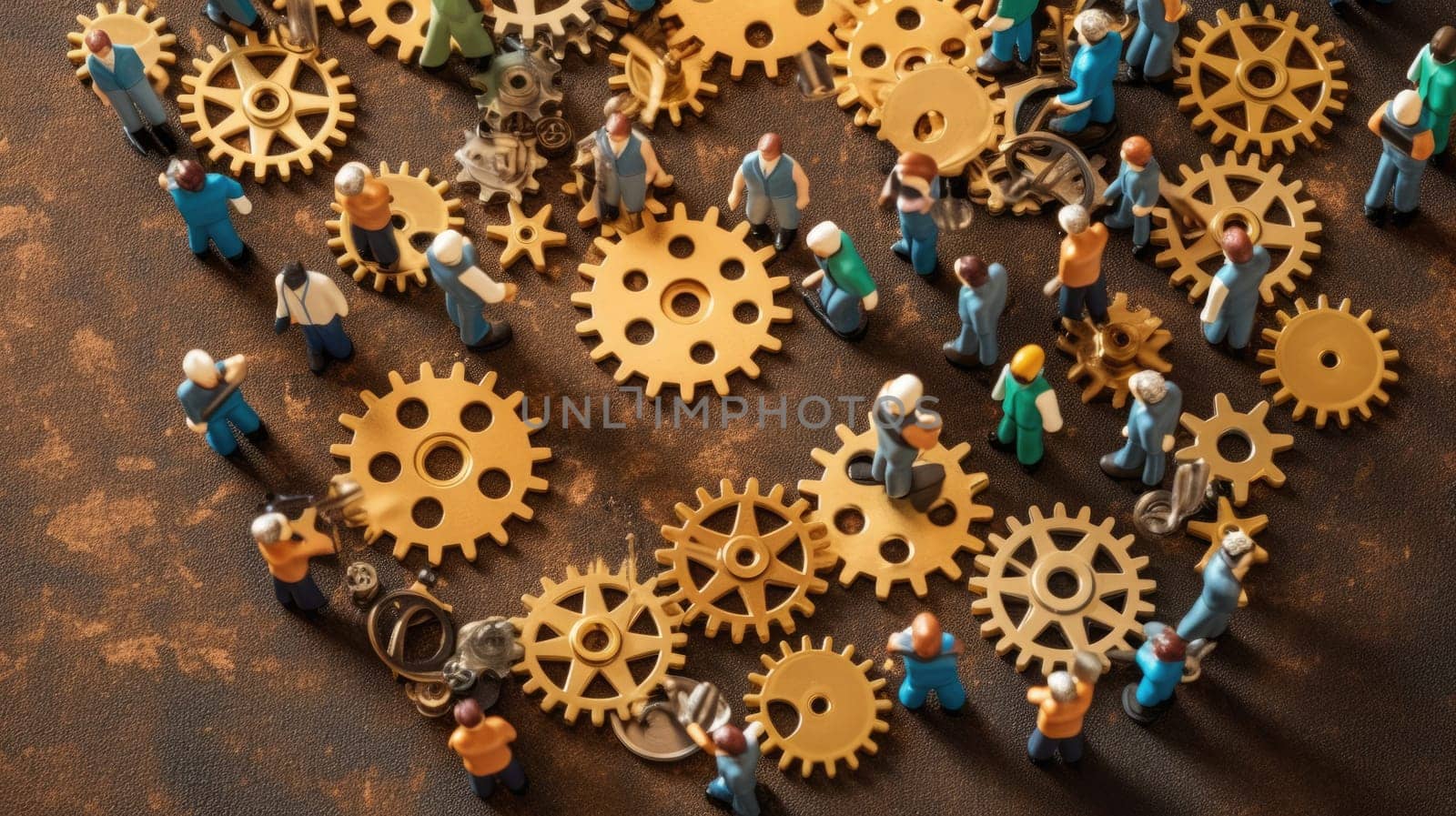 Miniature business people connecting many gears, top view, concept of teamwork. Generative AI weber. by biancoblue