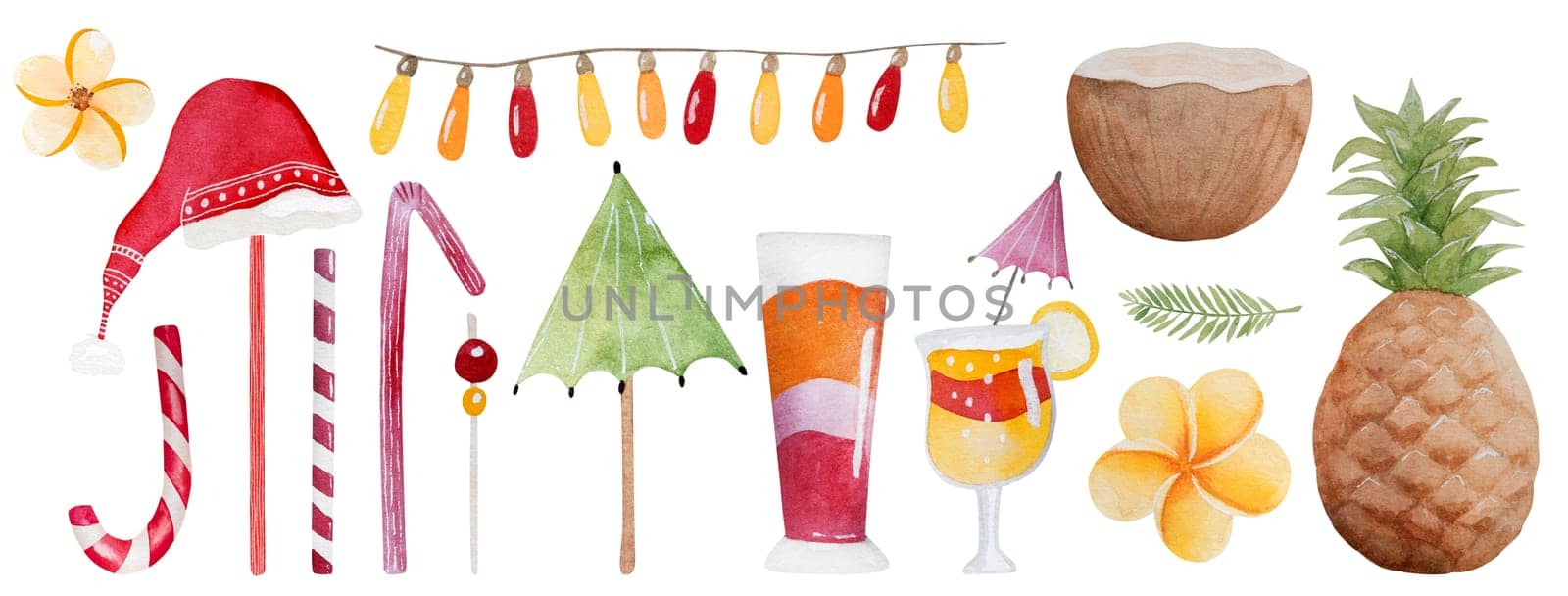Caribbean merry christmas watercolor painting with festive xmas decoration. Tropical new year postcard with coconut, coctails and santa hat