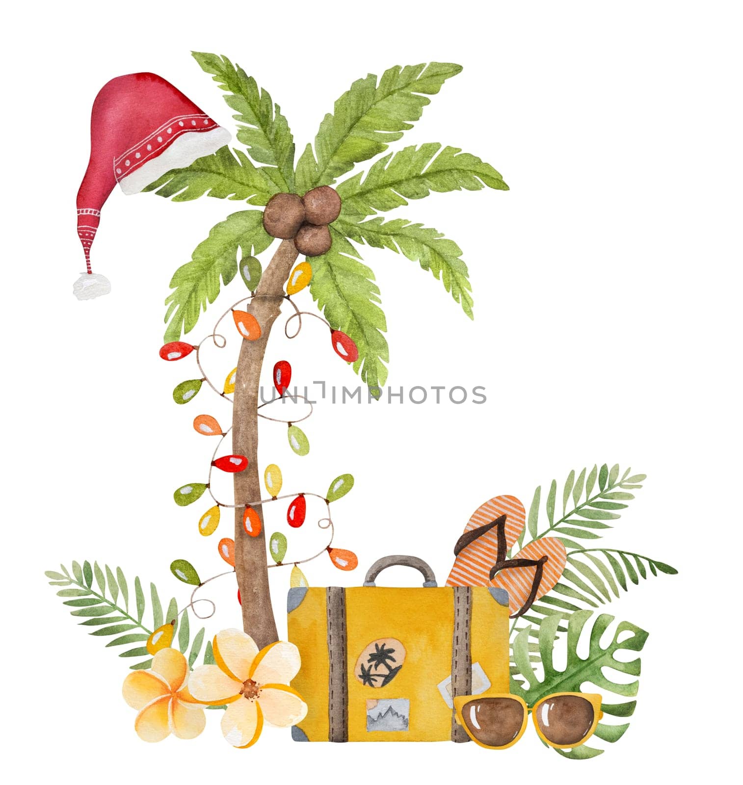 Caribbean merry christmas watercolor painting with palms xmas tree, cactus and santa hat. Tropical beach new year postcard