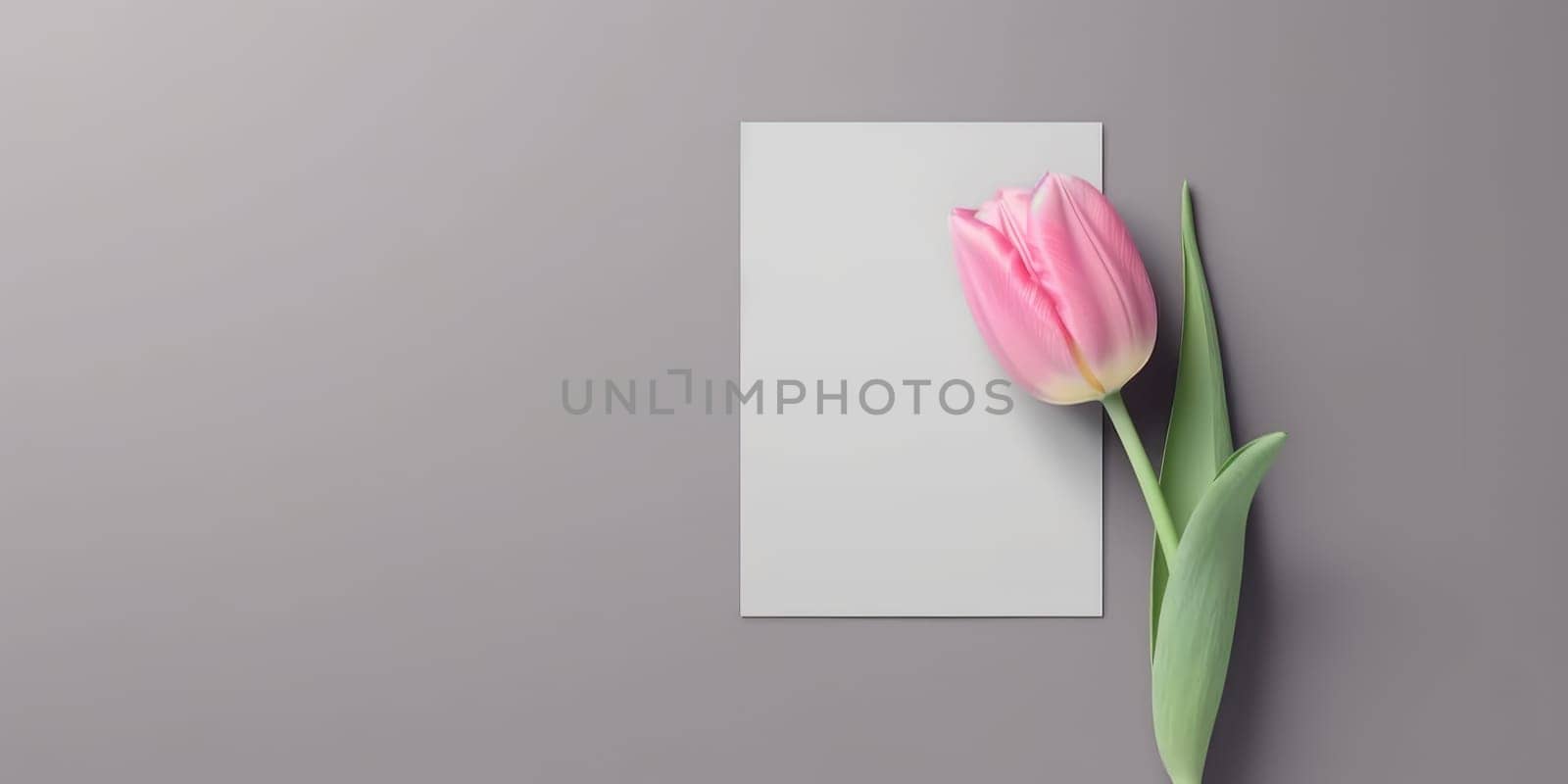 Mockup blank white paper with pink tulip, Copy space. Generative AI weber. by biancoblue