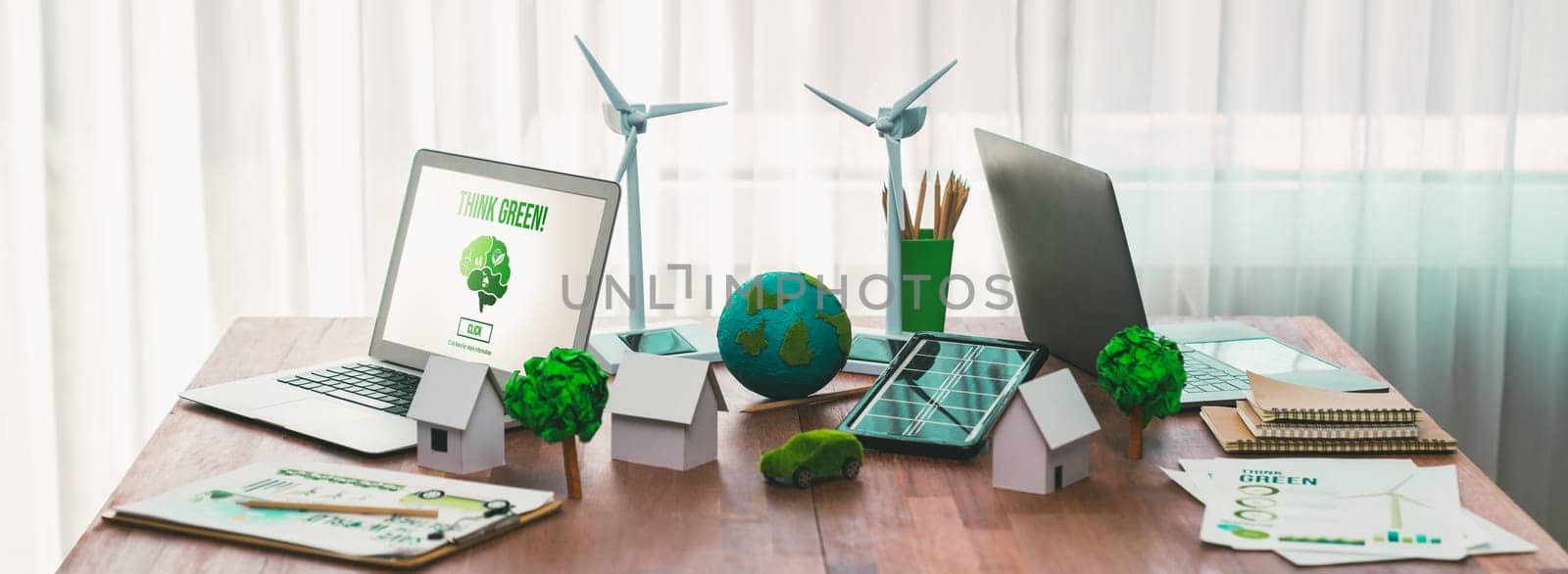 Environment friendly company office table with various eco mockup. Trailblazing by biancoblue