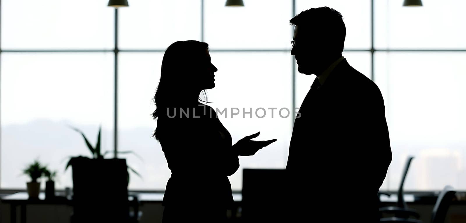 A woman and a man converse intently in a contemporary office environment, silhouetted by bright daylight streaming through large windows.