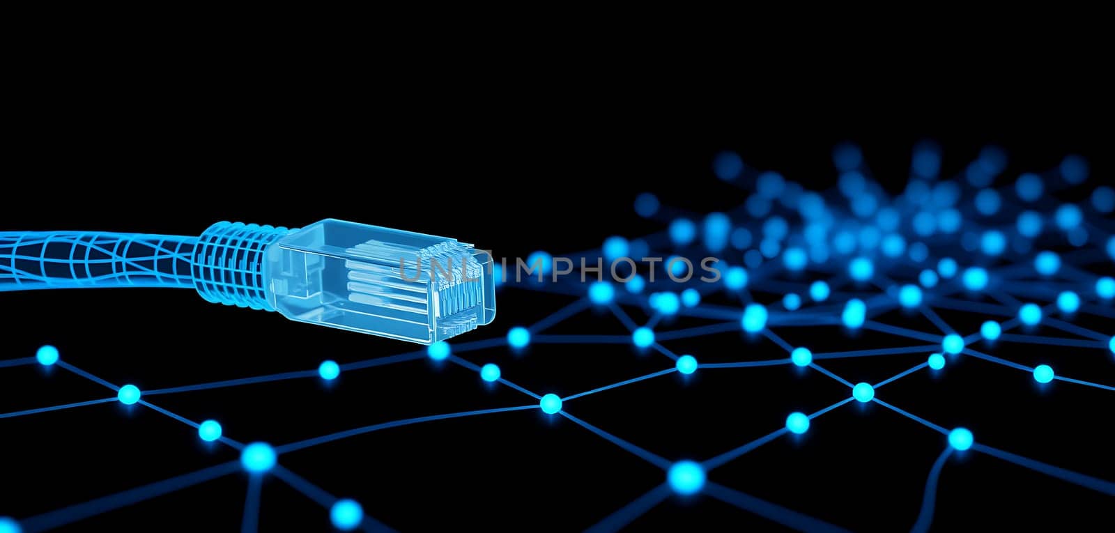 A translucent Ethernet cable rests on a dark background while glowing blue nodes and lines represent a digital network. The image captures a modern technology theme.