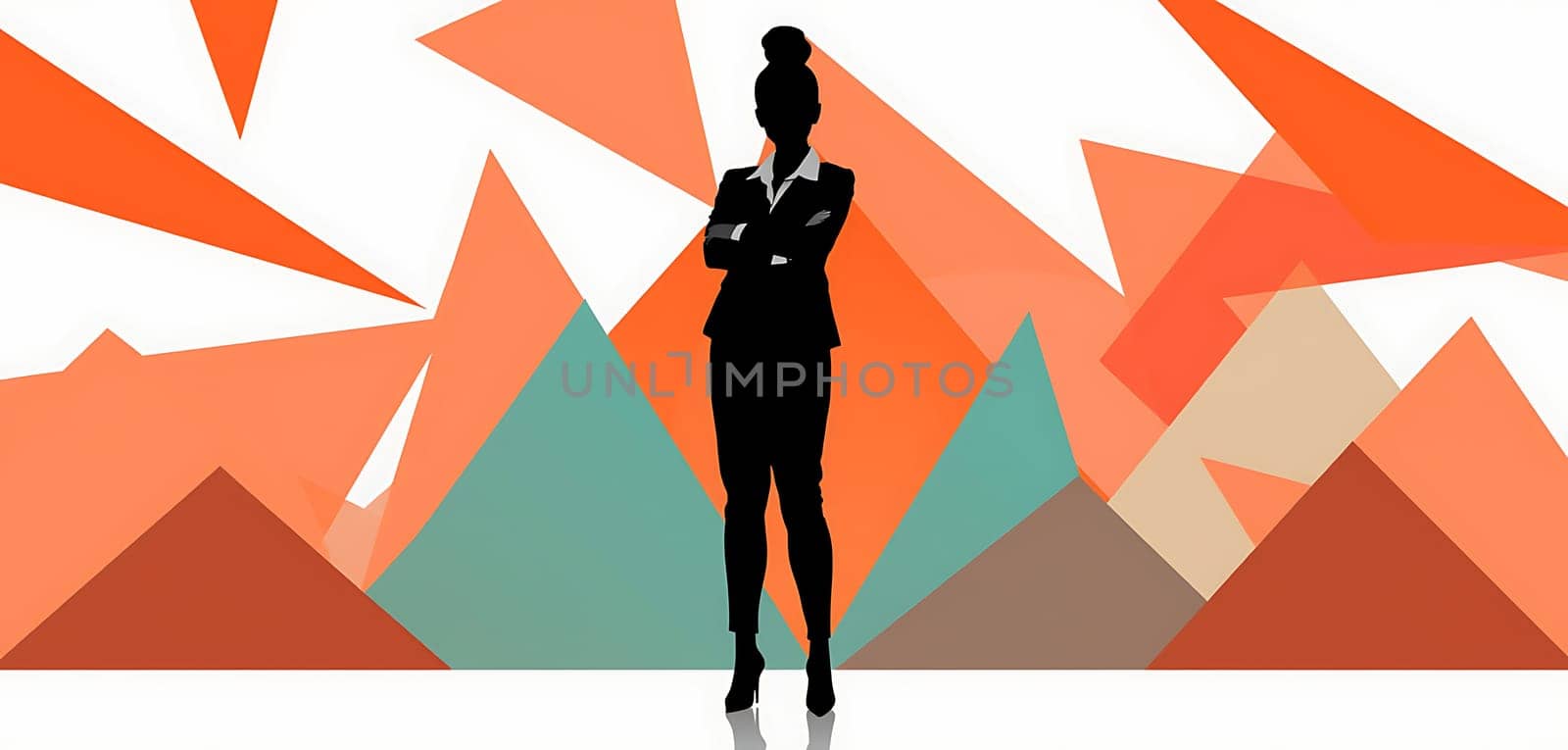 A businesswoman exudes confidence as she stands with arms crossed against a vibrant abstract background featuring geometric shapes in warm colors.
