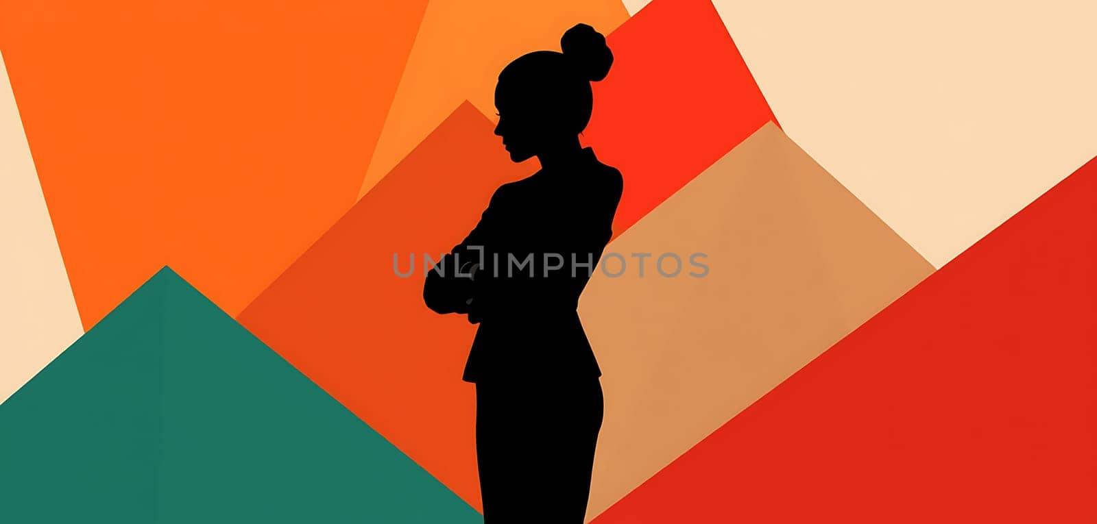 A confident businesswoman stands with her arms crossed, depicted in silhouette against a vibrant, abstract background featuring bold geometric shapes and colors.