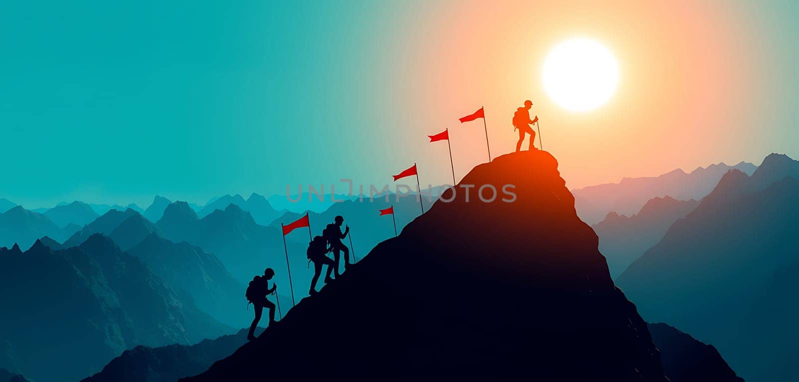A group of climbers ascends a steep mountain in silhouette, planting flags as they reach the summit at sunset, creating a striking contrast against the colorful sky.