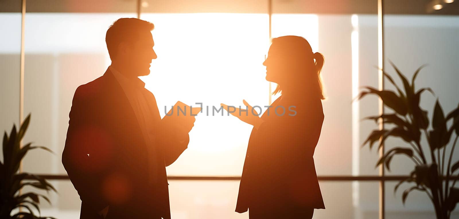 Two professionals discuss ideas while silhouetted by the warm glow of a sunset pouring through large office windows. The atmosphere is vibrant and dynamic.