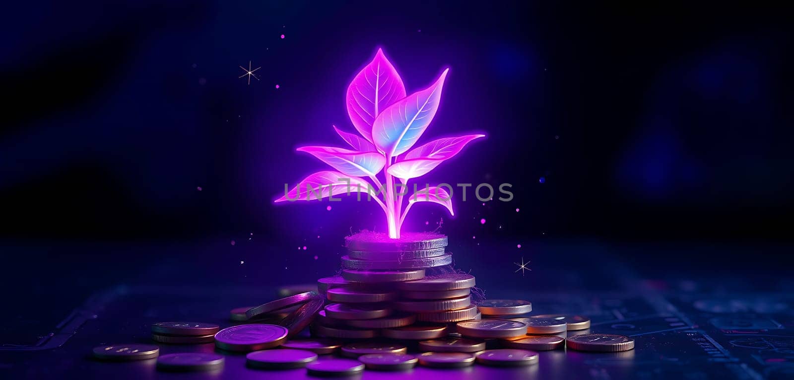 During a nighttime scene, a glowing plant rises from a pile of coins, representing financial growth and the connection between nature and wealth in a digital world.