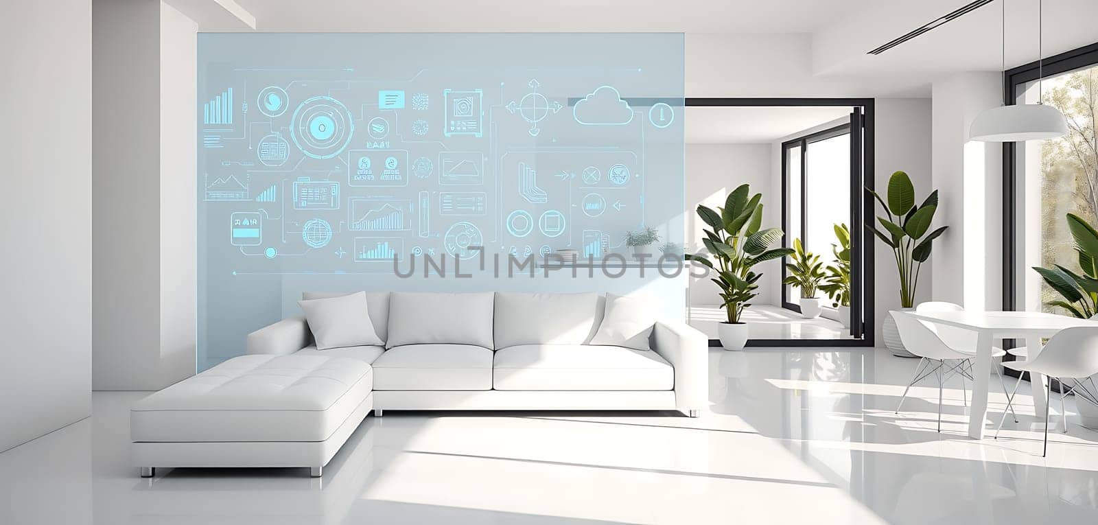 A spacious living room features a white sectional sofa and sleek decor, highlighted by digital projections of graphs and icons on the wall, creating a modern, tech-savvy atmosphere.