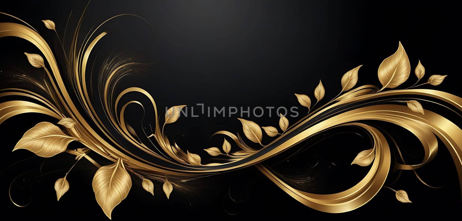 The artwork features a beautiful golden swirl intertwined with delicate leaves against a dark backdrop, exuding sophistication ideal for elegant designs.