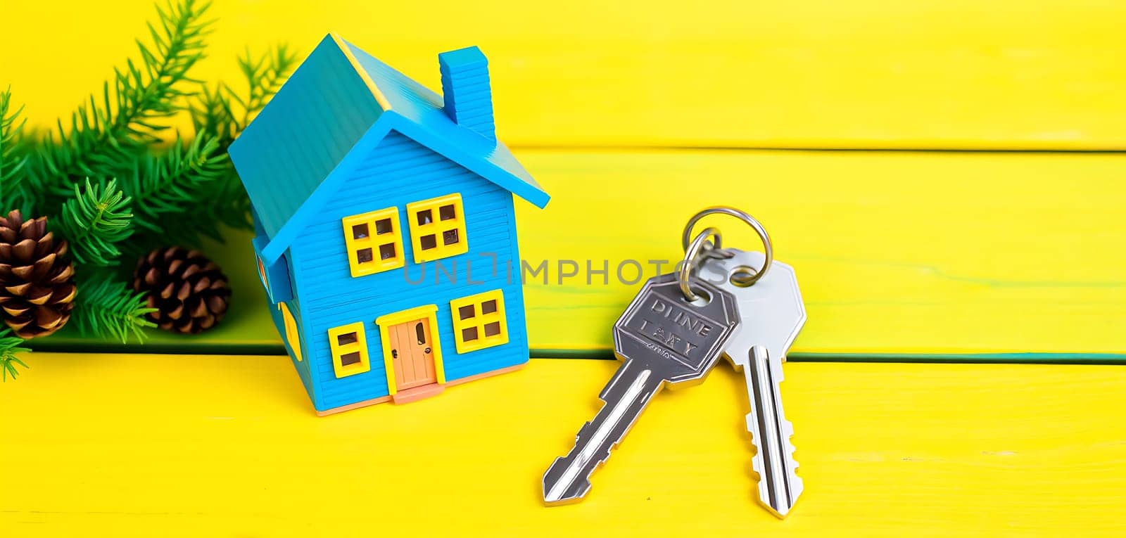 A vibrant blue toy house is positioned next to a set of keys on a cheerful yellow background, complemented by pinecones and green foliage, evoking a cozy atmosphere.