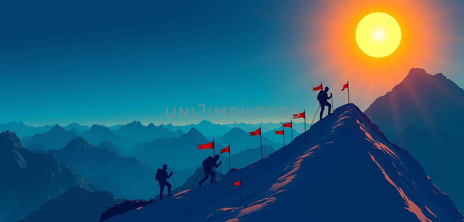 Climbers ascend a majestic mountain towards a vibrant sunset, with flags marking their path and stunning peaks creating a breathtaking backdrop.