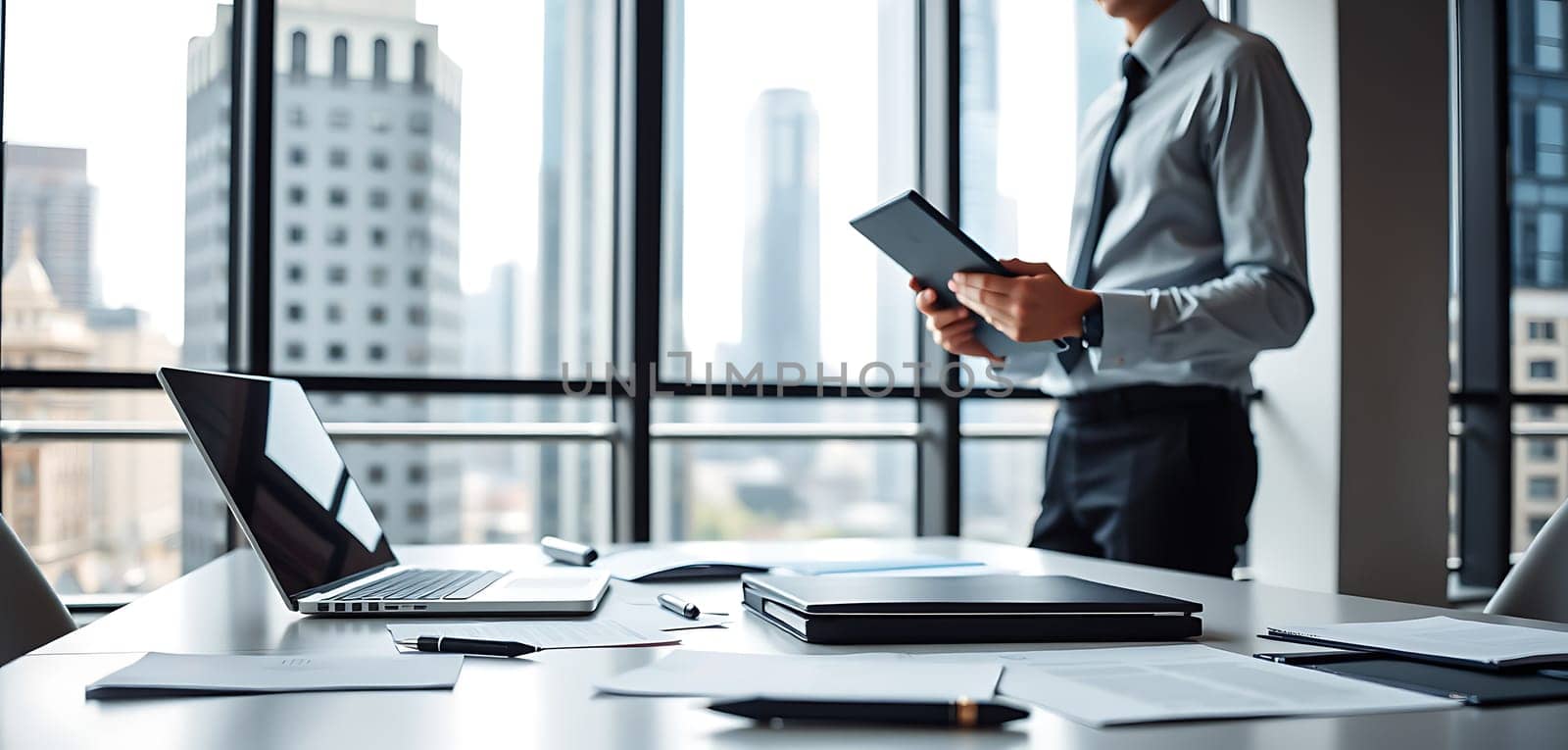 A business professional stands holding a tablet in a contemporary office space, surrounded by papers and a laptop, overlooking a bustling city skyline.