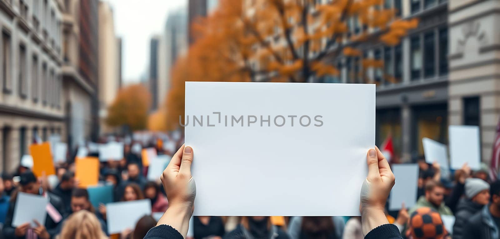 A large group of individuals gathers in an urban area, raising blank signs in unison while vibrant autumn foliage colors the surroundings. The atmosphere is one of solidarity and unity.