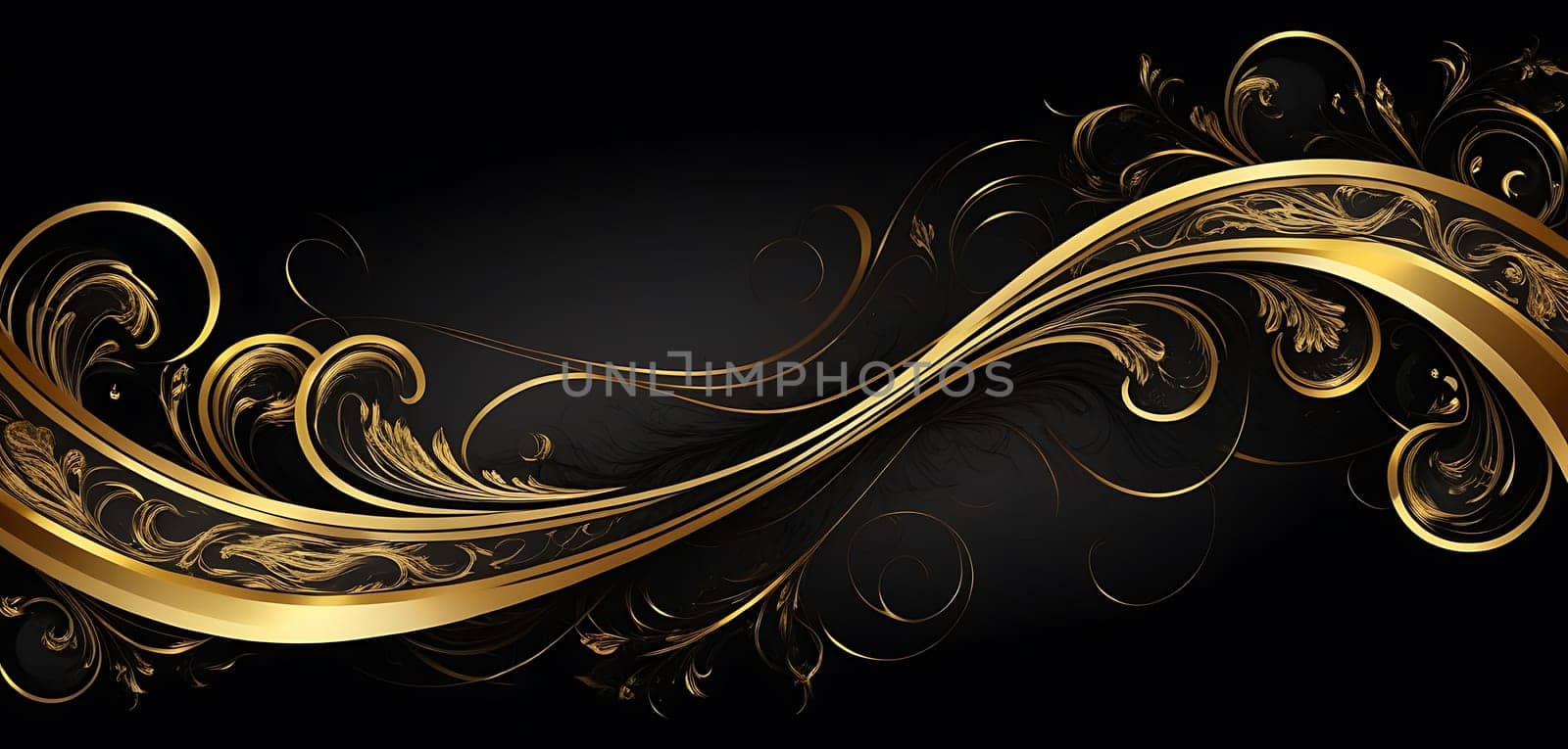 An intricate golden swirl adorned with floral patterns flows elegantly across a dark background, adding a touch of sophistication and luxury to any design or project.