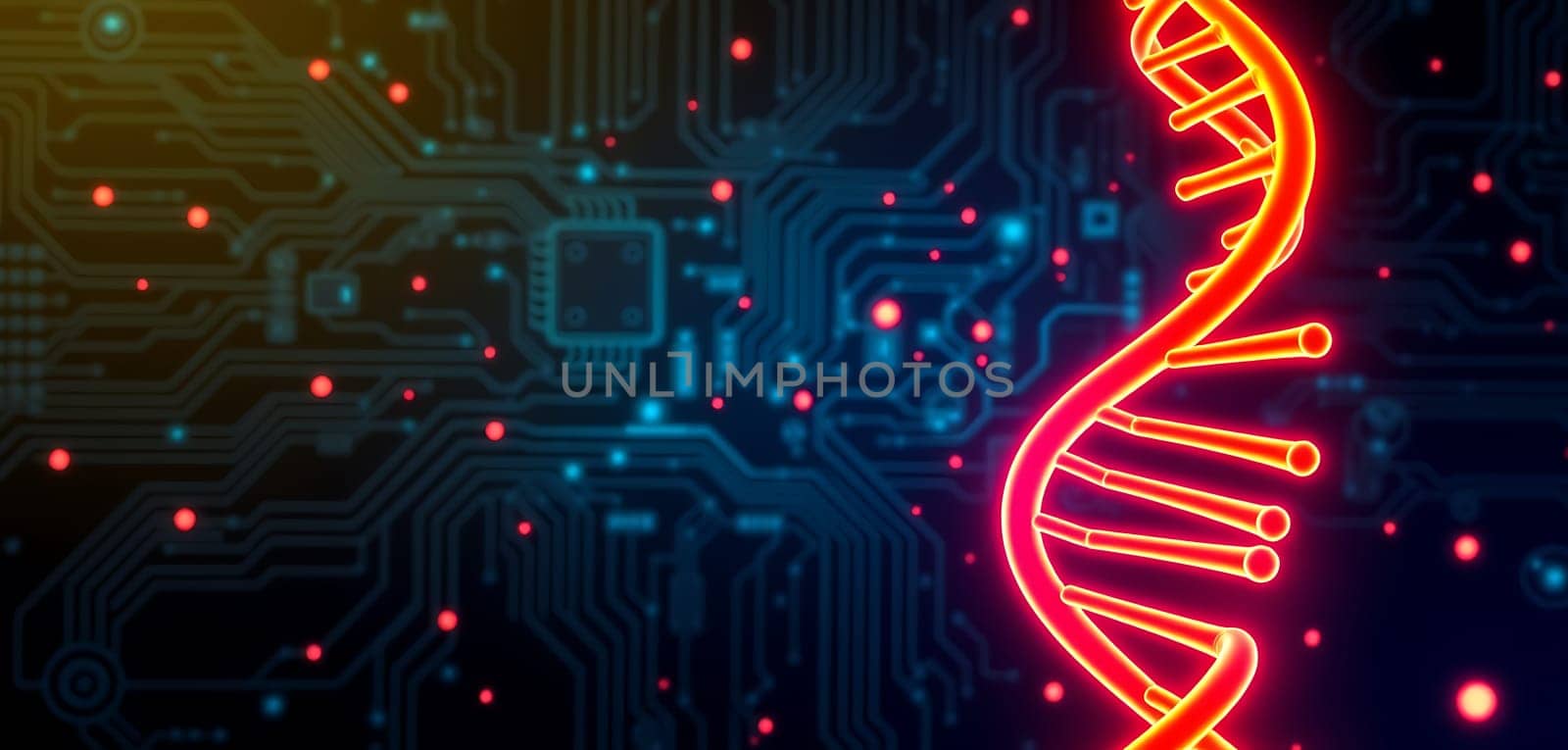 A glowing neon DNA helix intertwines with complex circuitry, representing the fusion of biology and technology. This design highlights advancements in genetics and biotechnology.