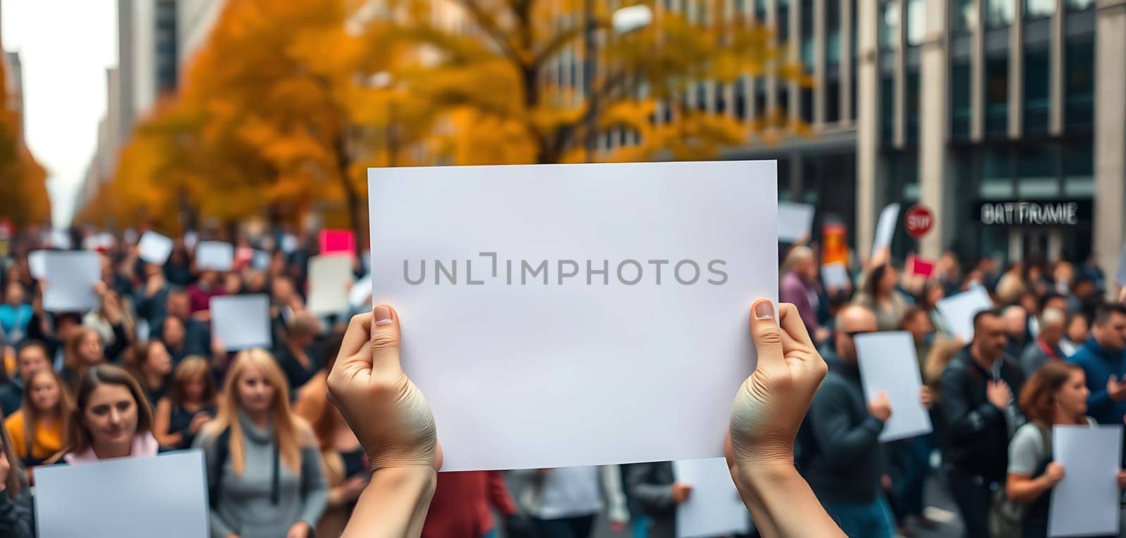 Crowds fill the city square, holding blank signs to signify unity and purpose during a peaceful protest. Vivid autumn leaves create a vibrant backdrop for the gathering.