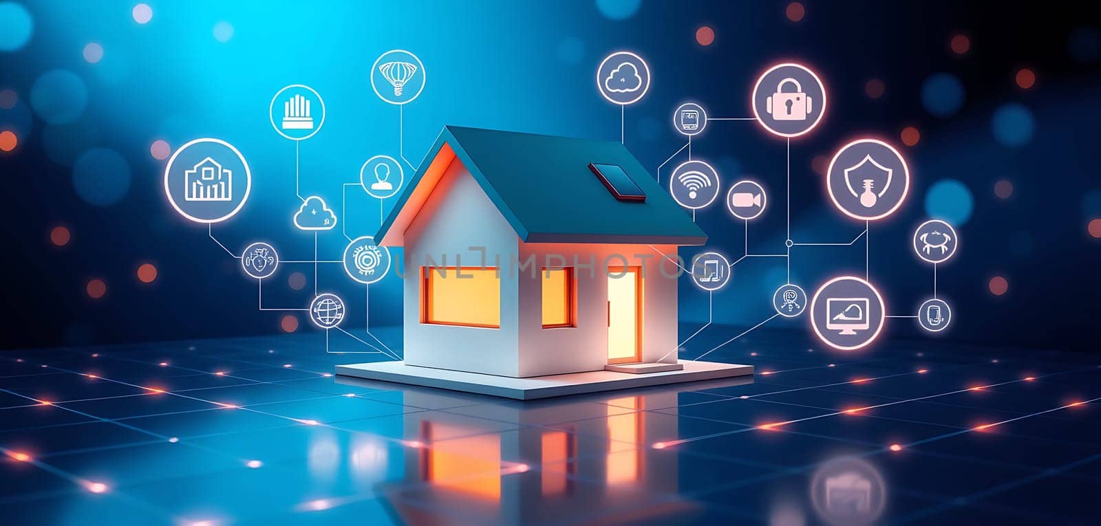 The smart home model showcases illuminated windows, emphasizing various digital icons that symbolize home automation, security, and connectivity in a futuristic setting.