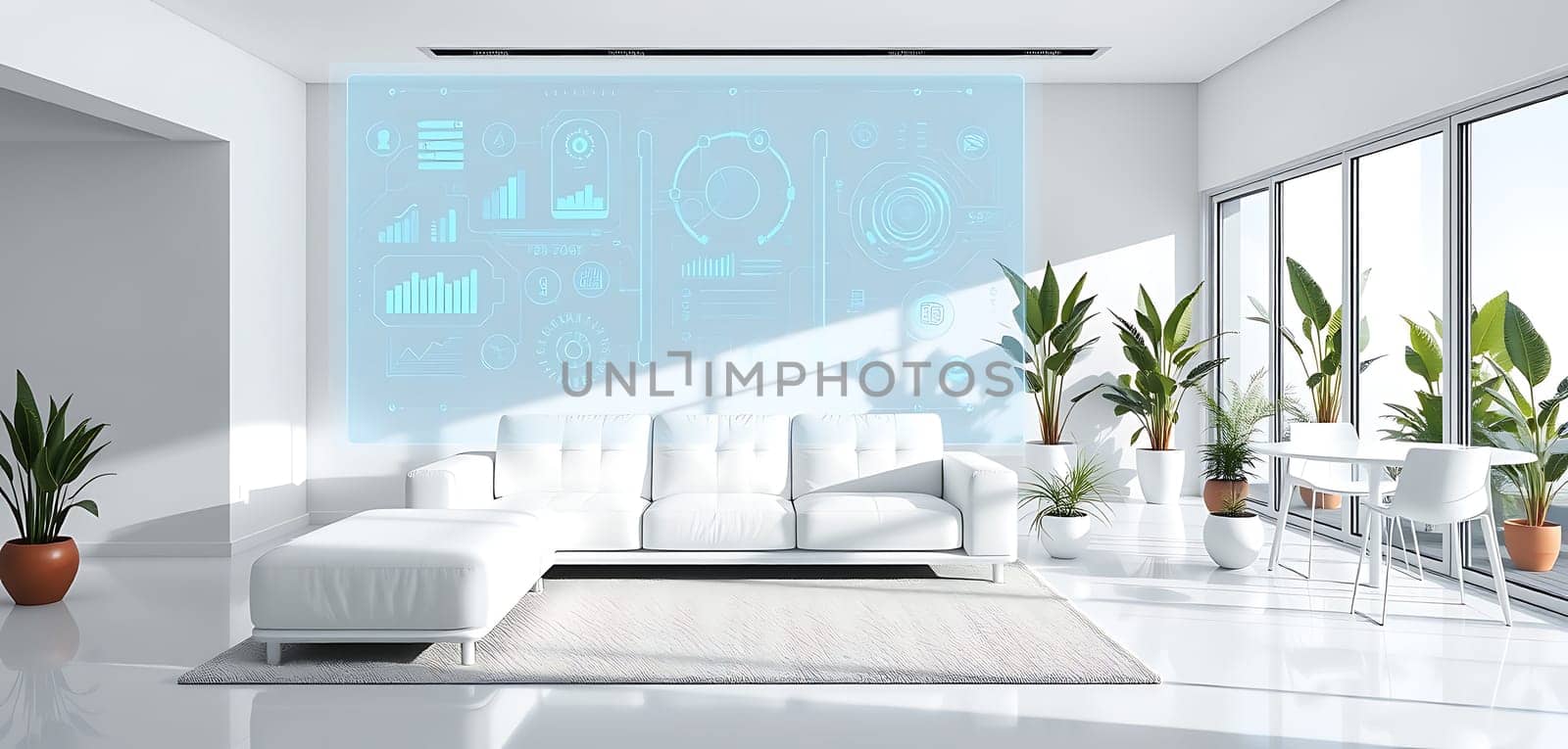 A contemporary living room features a sleek white sofa, indoor plants, and a digital display projecting graphs. Sunlight fills the space through large windows.