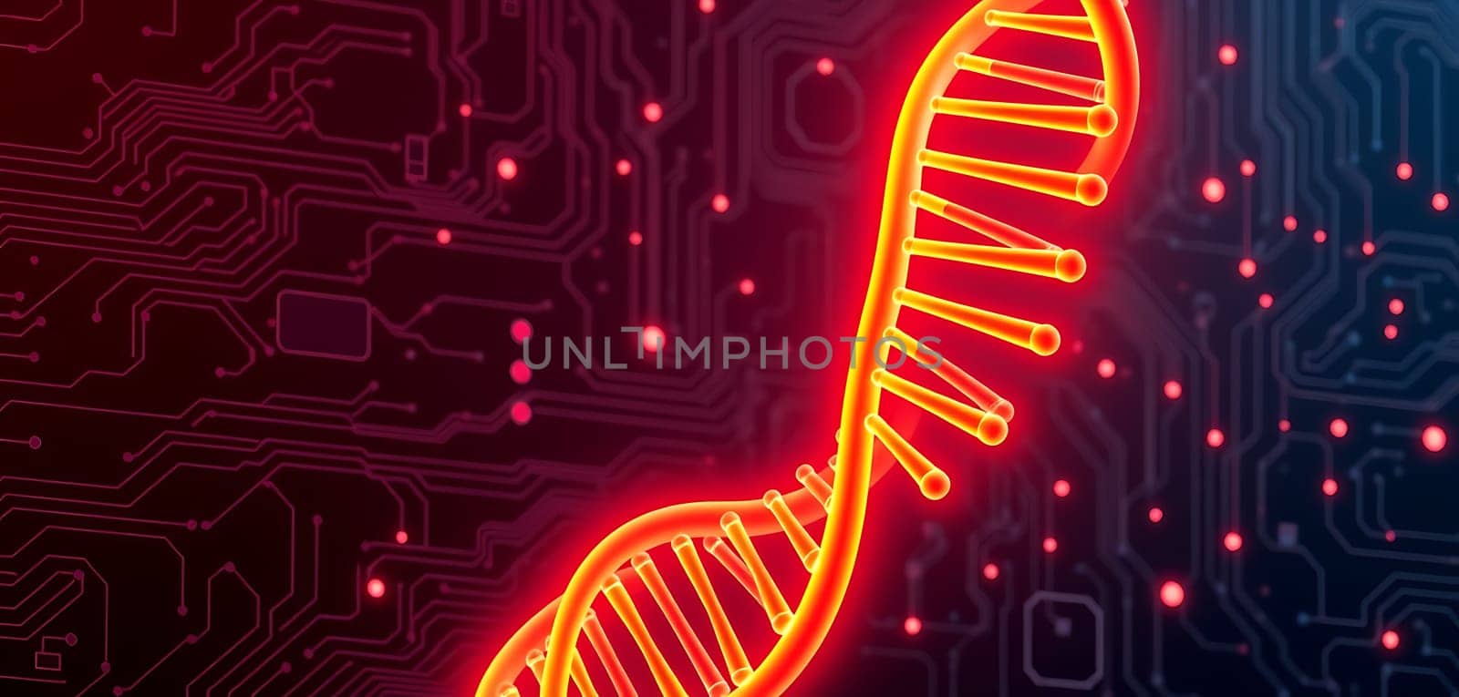 A vibrant neon DNA helix is depicted against a dark circuit board backdrop, symbolizing the intersection of genetics and technology in modern research.