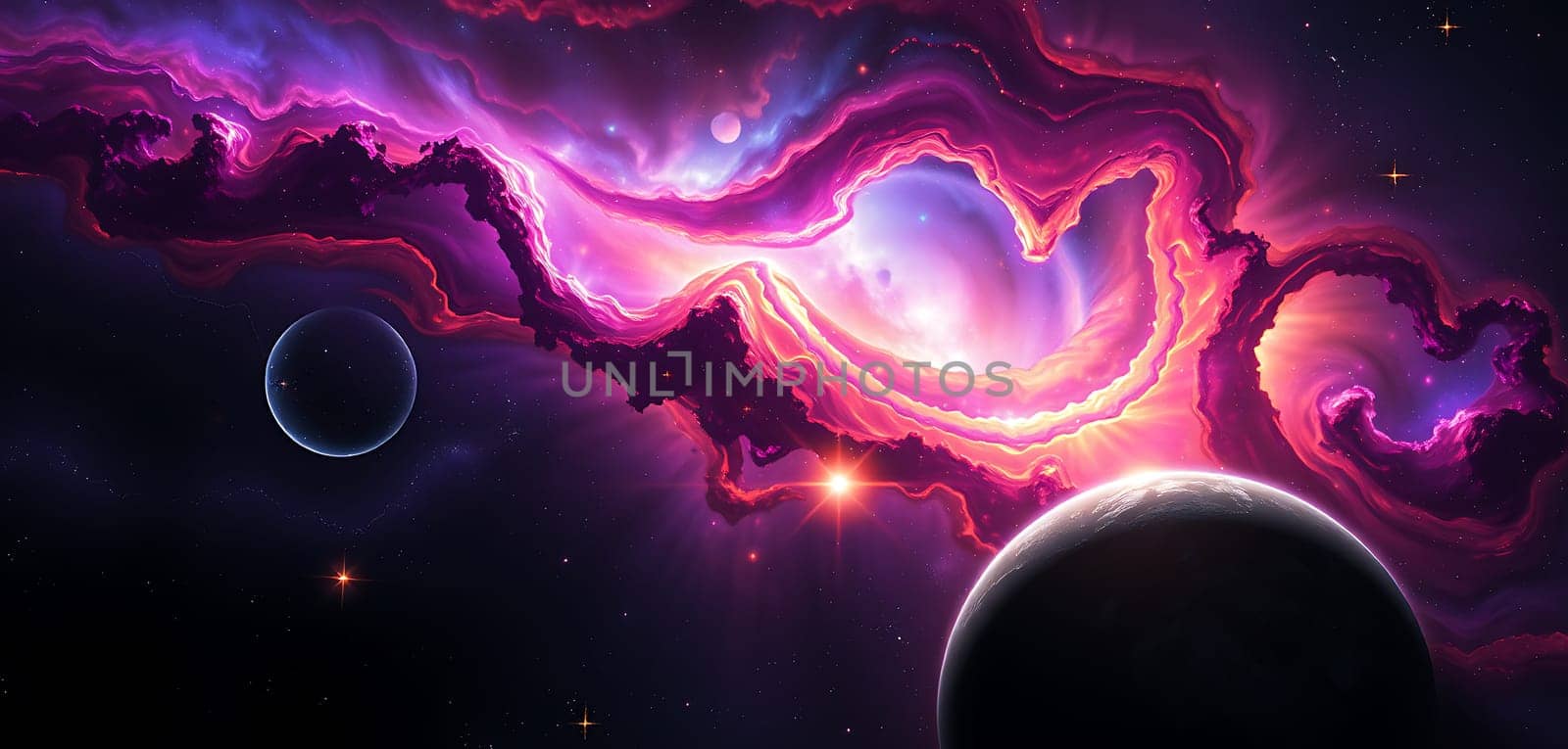 The mesmerizing cosmic landscape showcases rich purple and pink nebulas swirling around, with two planets visible in the foreground against a backdrop of twinkling stars.
