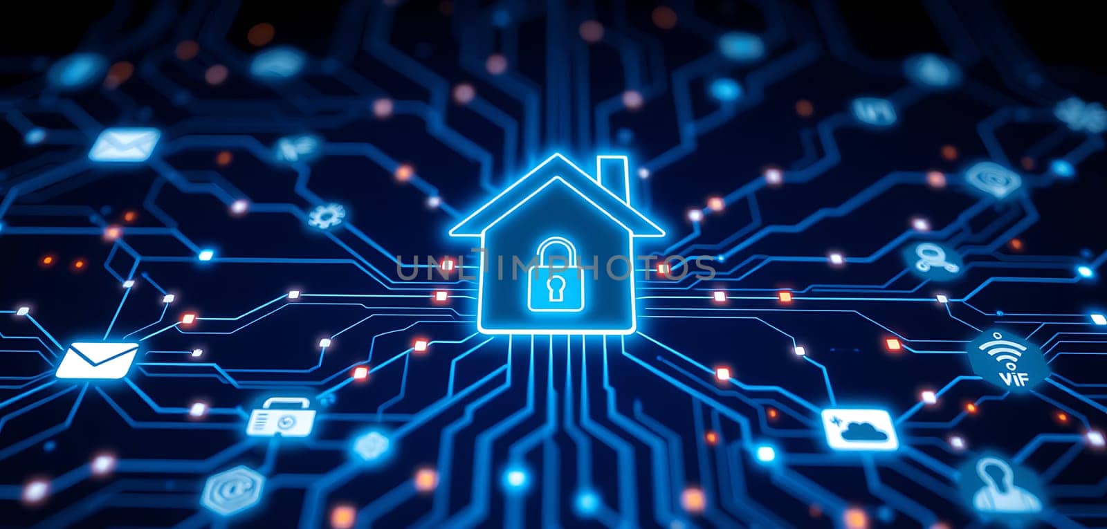 A glowing house icon with a padlock symbolizes home security, surrounded by interconnected digital nodes representing various smart home devices and communications.