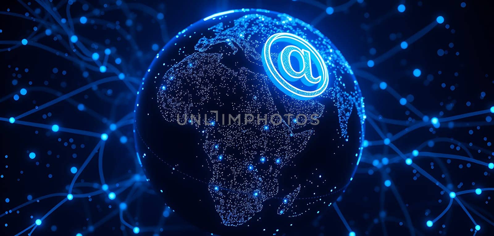 The Earth is illuminated with blue lights, showcasing a vast network of connections across continents, with a prominent email symbol emphasizing global communication.