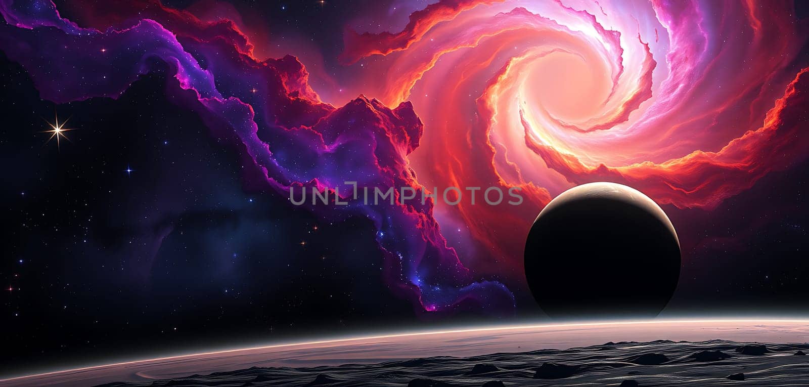 A vibrant nebula in shades of pink, purple, and blue spirals across the starry sky, illuminating a shadowy planet on the horizon under the vast cosmos.