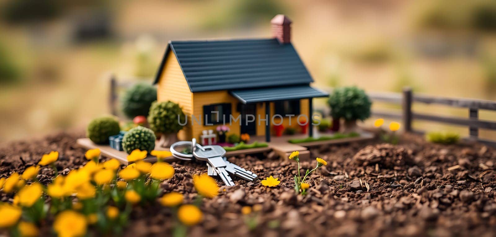 A miniature house sits nestled in garden soil, accompanied by keys and bright yellow flowers, creating a tranquil outdoor atmosphere in daylight.