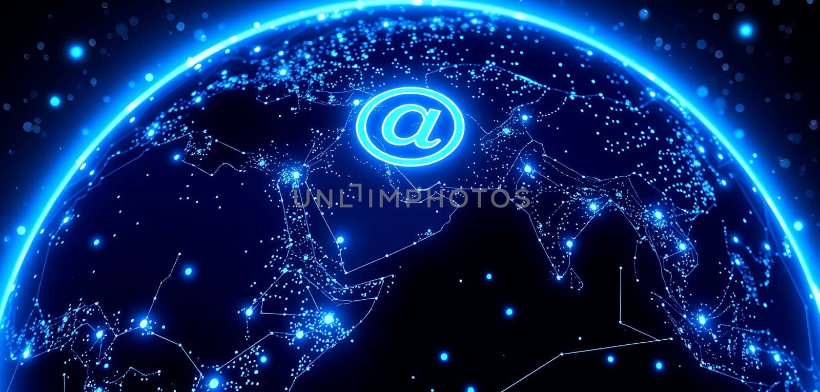 The globe shines brightly with numerous lights representing cities around the world. The email symbol prominently stands out, symbolizing global connectivity and communication in the digital age.