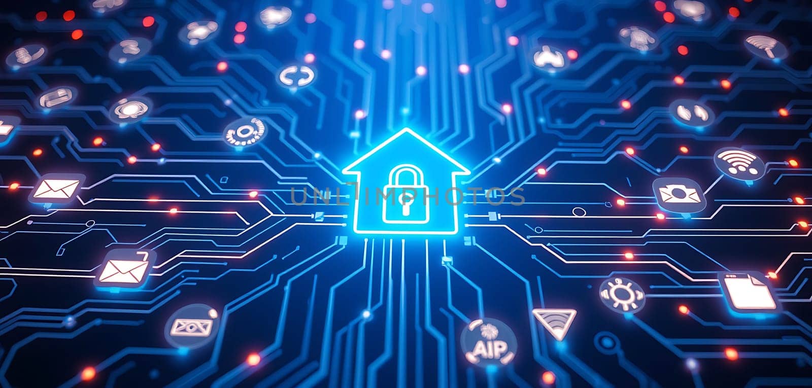 A vibrant digital representation showcases a lock at the center of a circuit pattern, illustrating the concept of cybersecurity and network protection in a tech-oriented environment.